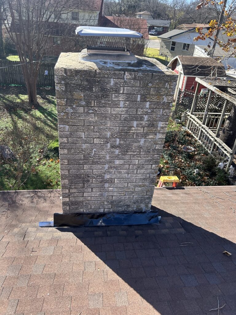 Chimney repair scaffolding setup on roof Dallas